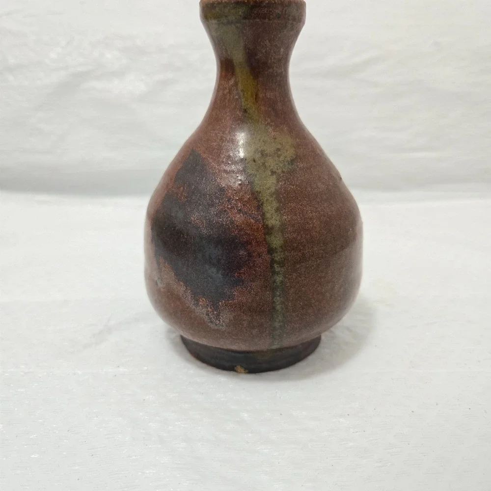 Signed GORA Studio Art Pottery Bud Vase Brown Green Glaze Handmade 5in
